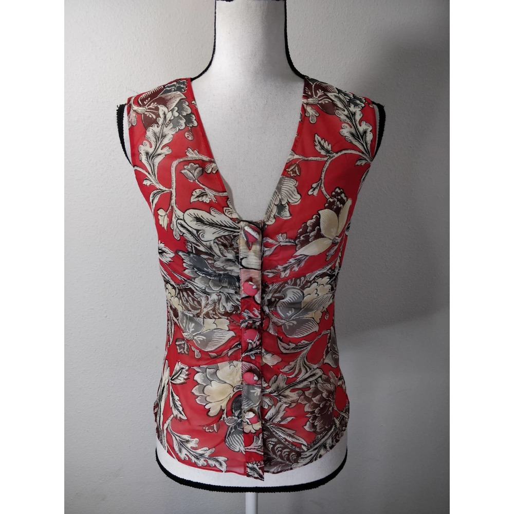 Diane Von Furstenberg Red Floral Print Silk Sleeveless V-Neck Button Top Size 4